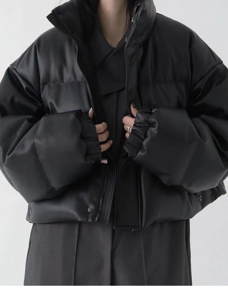 Abrigo corto de algodón y cuero PU para mujer, abrigo de invierno nuevo de pan grueso, abrigo para mujer, chaqueta acolchada para mujer, chaquetas para mujer_voghion.com