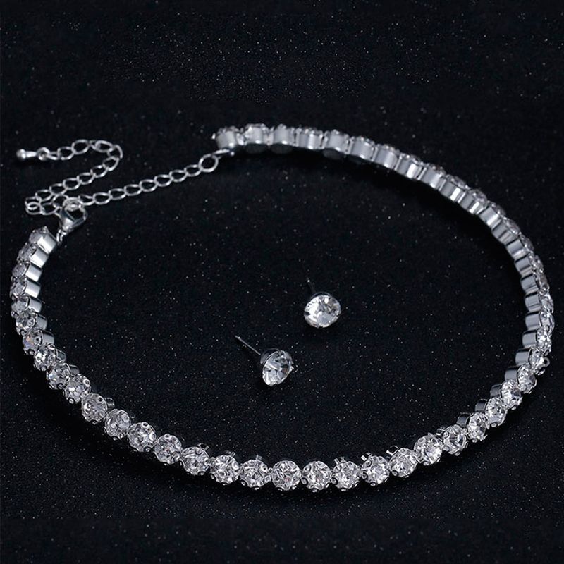 Set di gioielli di cristallo rotondo di lusso per le donne con ciondolo color argento, bracciale, orecchini a bottone, collana con catena in zircone, gioielli per feste di nozze_voghion.com