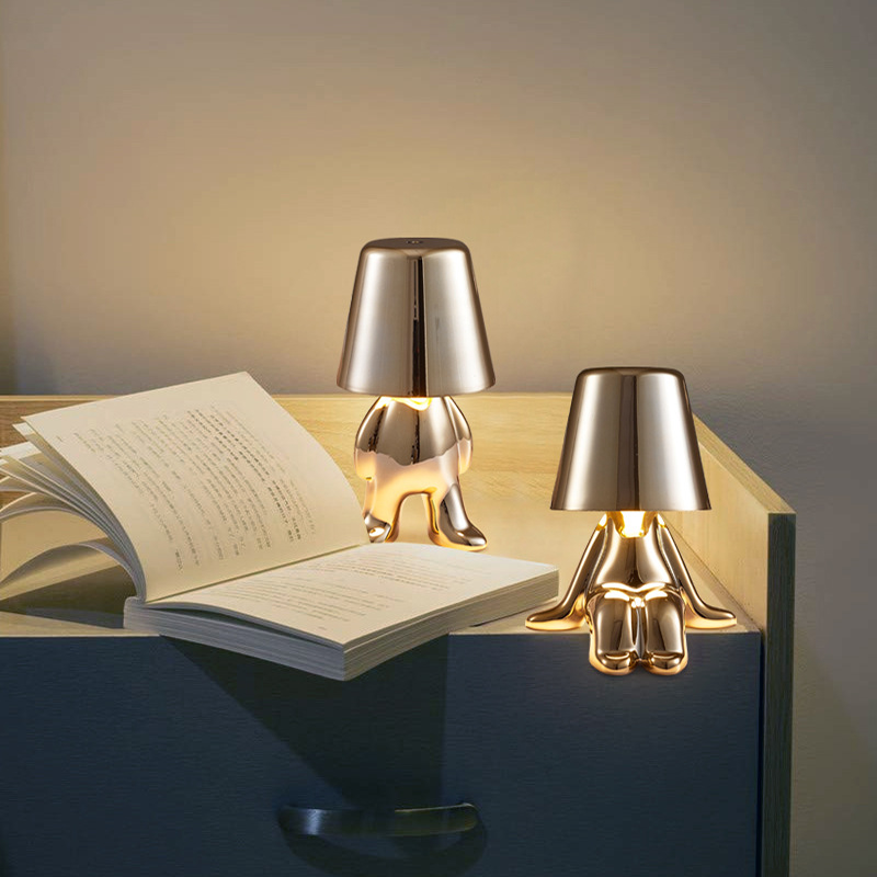 Lampe de Table à Induction créative, petit homme noir et doré, Rechargeable, décoration de la maison, lampe de nuit_voghion.com