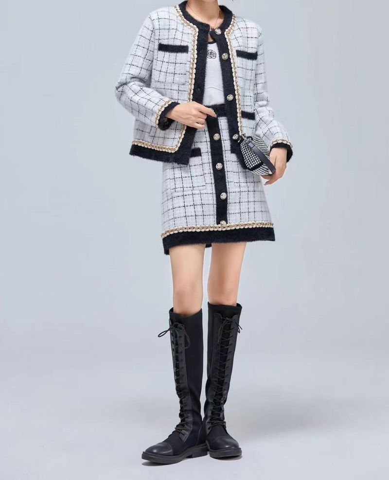 Women's Clothing new high end tweed jacket high waist skirt two piece suit_voghion.com