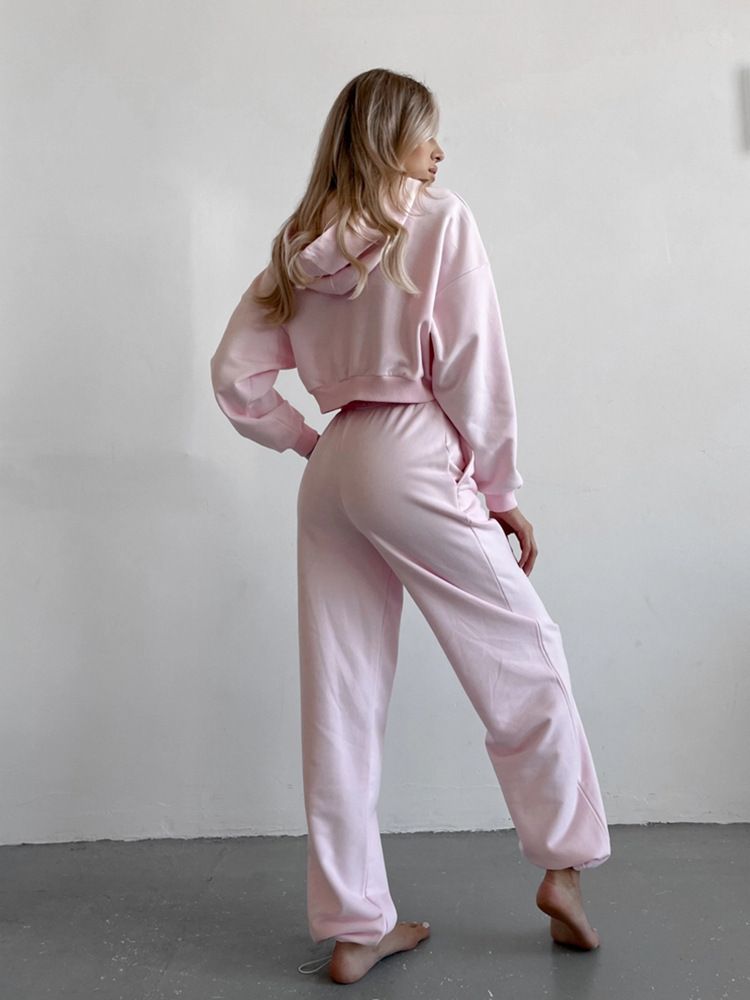 Women's Hooded Zip-Up Sweatshirt & Jogger Set (Breathable Poly-Cotton, Pink/Stone Grey/White, S/M/L/XL, Streetwear Essentials)_voghion.com