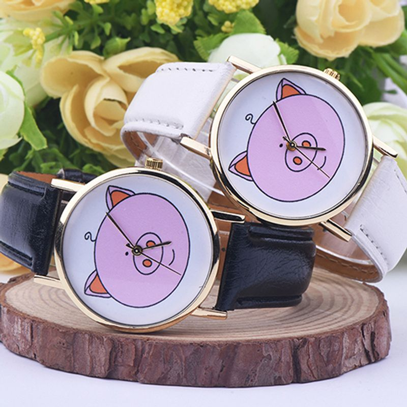 Yamaler Women Cute Pig Pattern Faux Leather Band Analog Quartz Fashion Wrist Watches_voghion.com