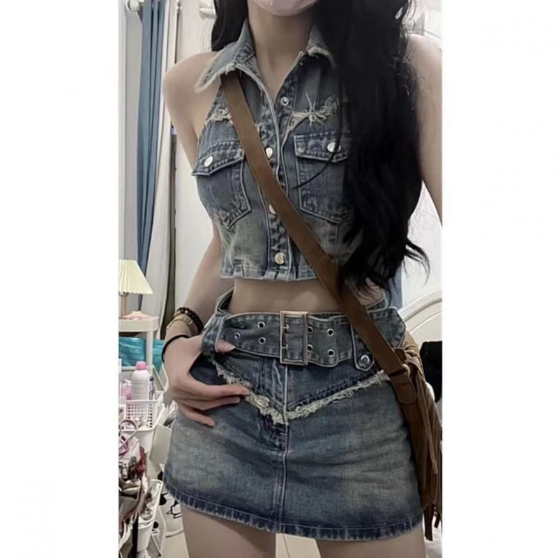 Hot Girl Street Sleeveless Short American Style Tank Top + High Waist Denim Skirt Two-Piece Set_voghion.com