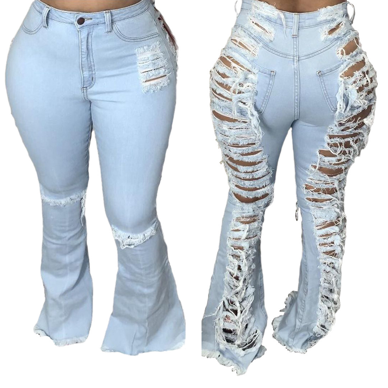 Roupas femininas tendência da moda personalidade rasgada calças largas elásticas_voghion.com