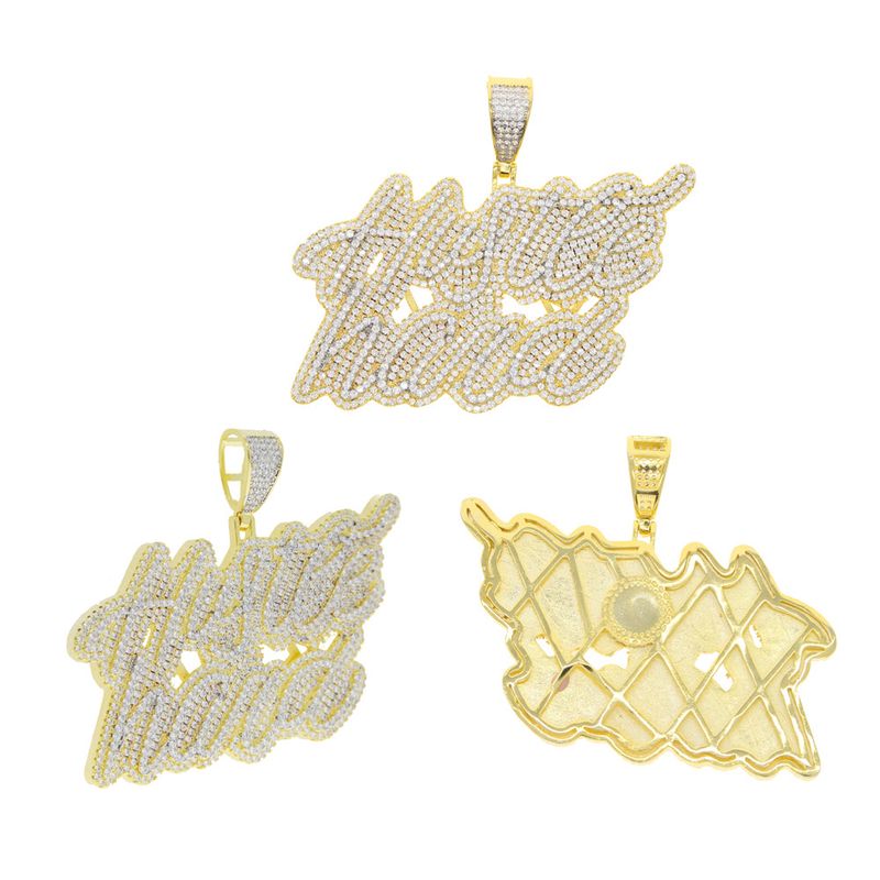 Collana con ciondolo Hustle Hard da uomo con pietre di zircone - Design elegante con lettere per un look alla moda - Catena regolabile 51-80 cm (argento/oro) Collana con zircone_voghion.com