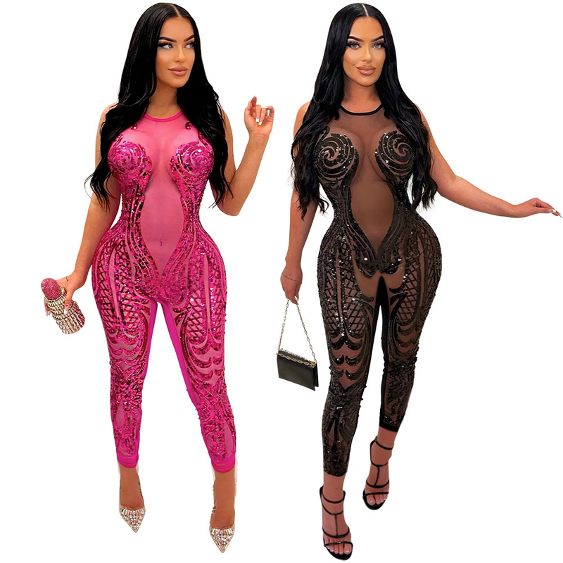Sexy sleeveless round neck see-through jumpsuit, polyester mesh spliced sequin style, slim trousers_voghion.com