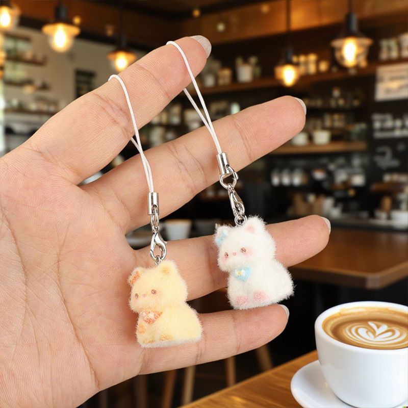 New Cartoon Cute Flocked 3D Resin Cat Keychain Bag Pendant Phone Strap Gift_voghion.com