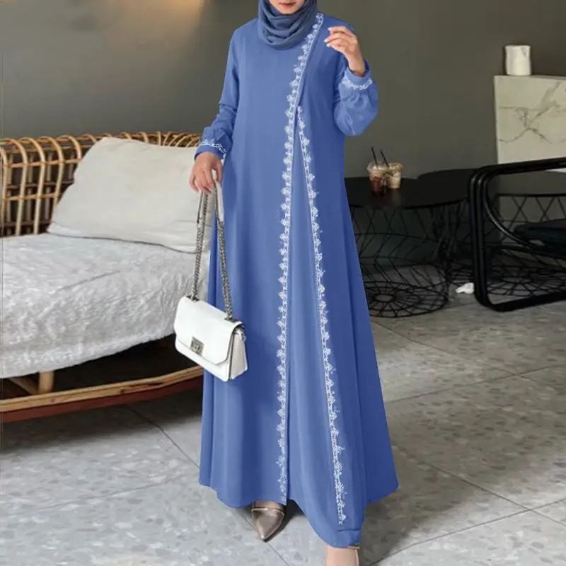 Damenkleidung Muslimisches Gewandkleid Mode Langarm Spitze Häkelweste Damen Frühling Casual Fake Zweiteiliges Kleid_voghion.com