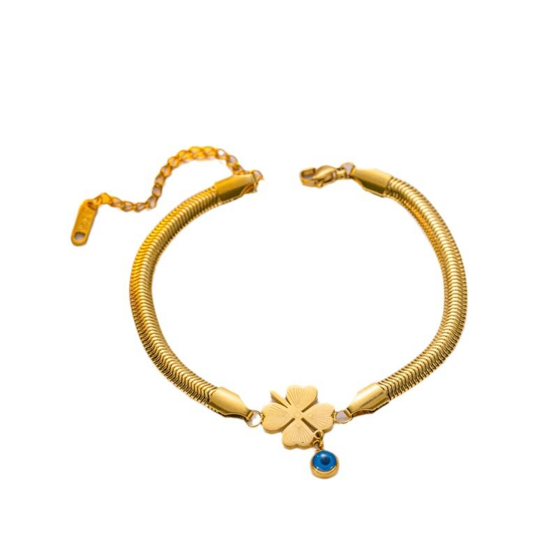 Cadena de hueso de serpiente de acero de titanio, pulsera de ojo azul con corazón, accesorio dorado que no se decolora para mujer_voghion.com