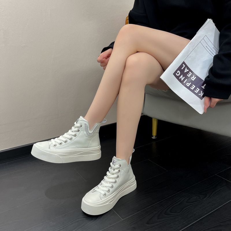 Casual High-Top White Shoes Women's 2023 Autumn New Thick-Soled Board With Lace-Up Sports Students' All-Match Breathable_voghion.com