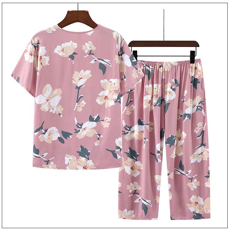 Damen-Nachtwäsche, Baumwoll-Seiden-Pyjama, Sommer, dünn, kurzärmelig, zweiteilig, Sommer, Kunstbaumwolle, für Mütter mittleren Alters, Heimkleidung, Outdoor-Kleidung_voghion.com