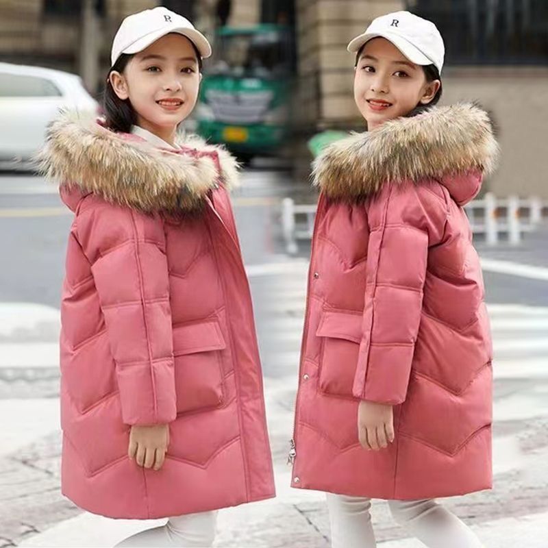 Giacca invernale imbottita in cotone per ragazze, stile coreano, taglia media e grande, per bambini, in cotone, con collo in pelliccia, taglia media e lunga_voghion.com