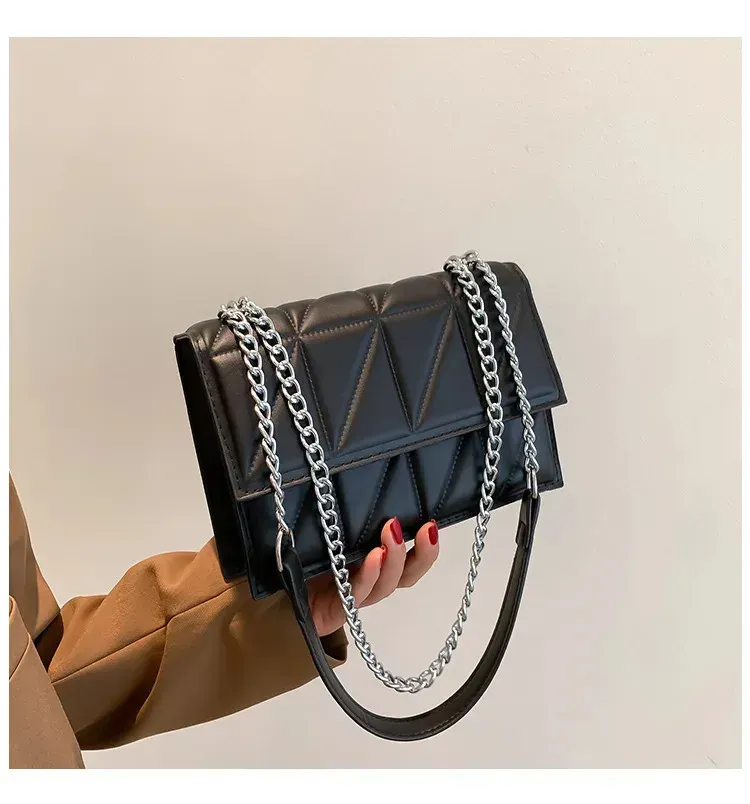 Borsa a tracolla con patta e tracolla a catena in tinta unita, borse da donna, borse a tracolla con ricamo scozzese, per uso quotidiano 250529l_voghion.com