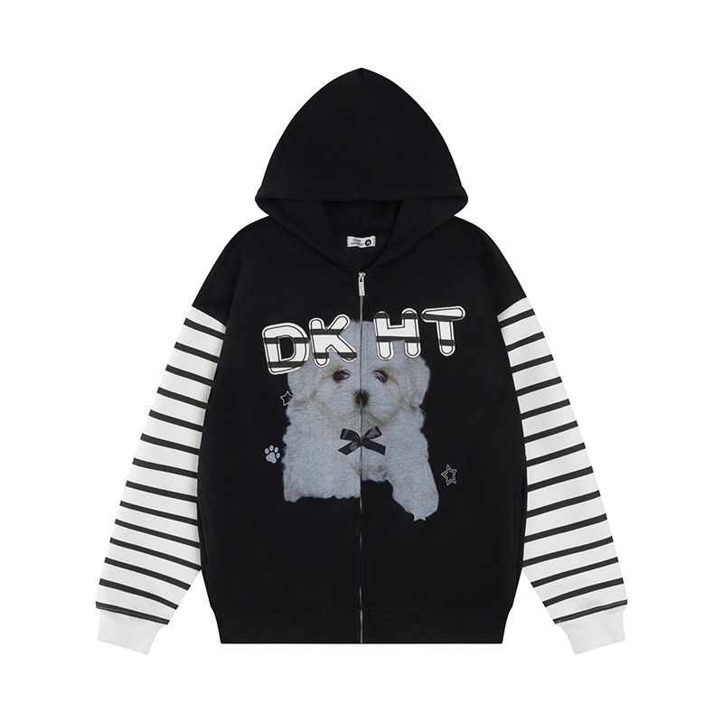 American Puppy Striped Raglan Sleeve Hooded Sweatshirt Jacket For Women And Men 2025 Autumn Loose Lazy Style Hoodie_voghion.com
