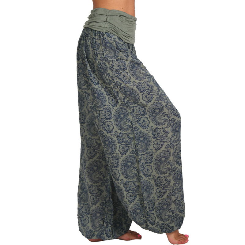 Roupas femininas Impressão digital Calças longas e largas Calças casuais Calças harém_voghion.com