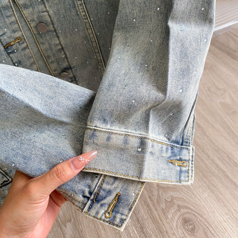 Damenbekleidung Jeansjacke Lockere Freizeitjacke Vintage Bestickte Jeansjacke Damen Langarm Distressed Freizeitmantel mit Strassdetails_voghion.com