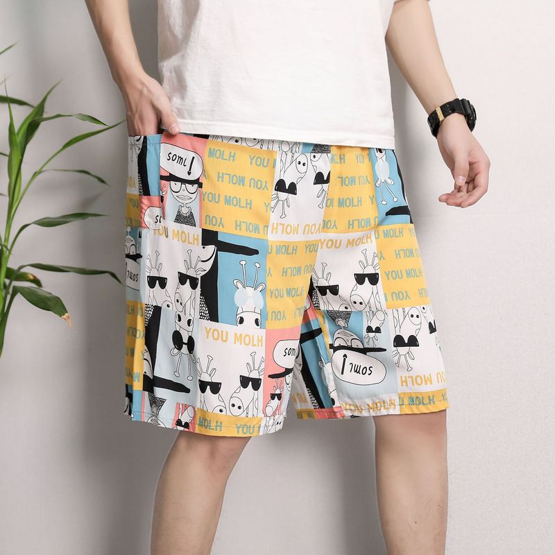 Men's Sleep Cotton silk pajama pants men's thin plus-size casual breathable flower pants five quarter pants_voghion.com