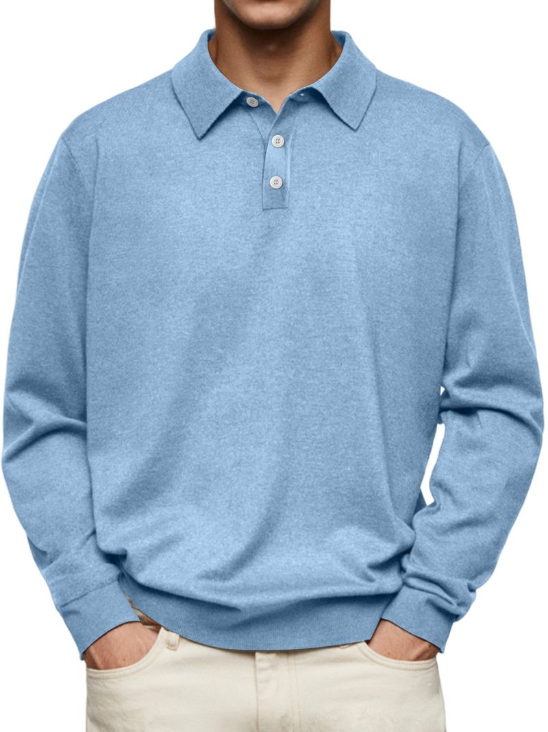 Polo casual da uomo con scollo a V e maniche lunghe, autunnali_voghion.com