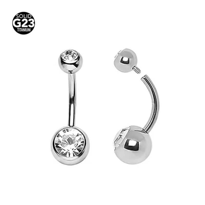 Piercing all'ombelico con doppia sfera rotonda in titanio medico F136, in lega G23 con filettatura interna e zircone._voghion.com