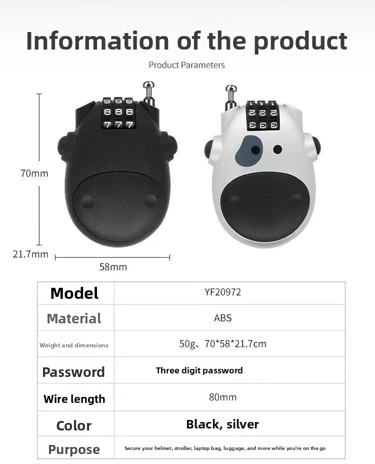 Three-position Retractable Rope Cow Code Skateboard Luggage Steel Wire Helmet Lock ABS Environmental Protection CH_voghion.com