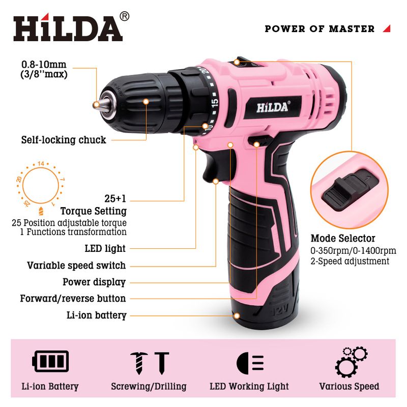 HILDA 12V/21V Cordless Lithium-Ion Drill Driver With 1/2 Batteries & Charger, Electric Screwdriver Set For Wood Metal Brick, 1350 RPM,_voghion.com
