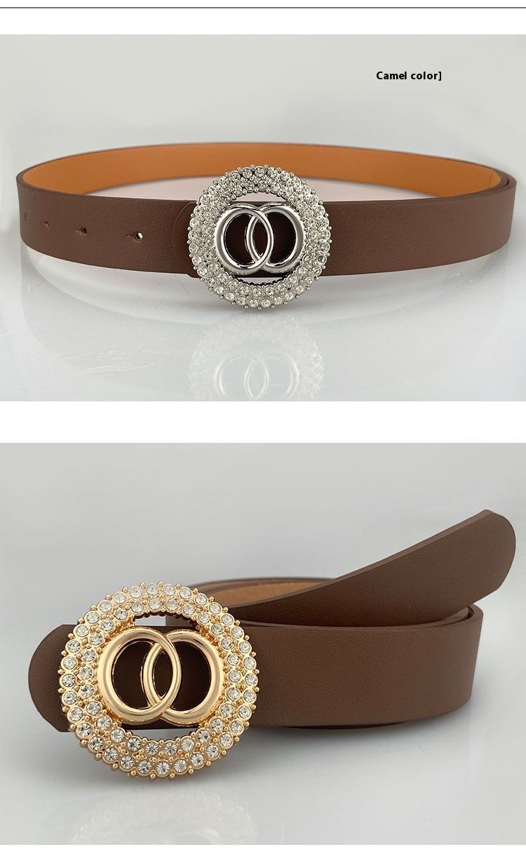 Hot Selling Cross-border Women's Belt Double Circular Loop Smooth Buckle Diamond Inlaid Belt Chic Personalized Decoration_voghion.com