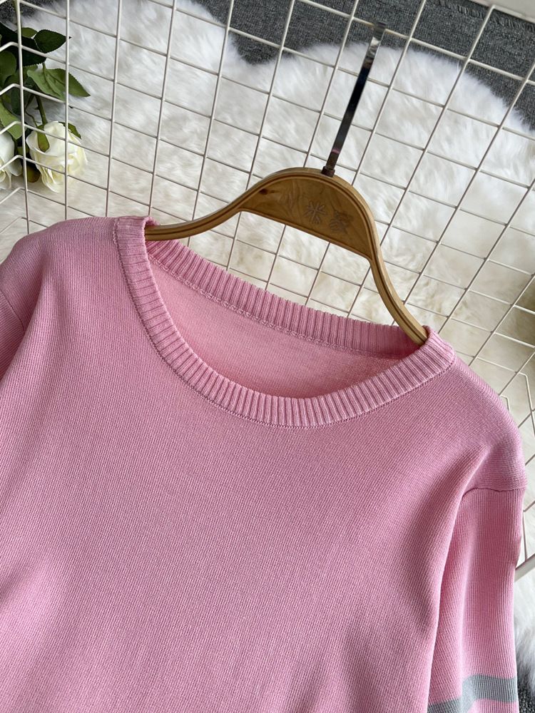 2024 Nuevo traje de moda para mujer primavera estilo coreano cuello en V suelto contraste de color tejido de dos piezas cintura alta pantalones de pierna ancha_voghion.com