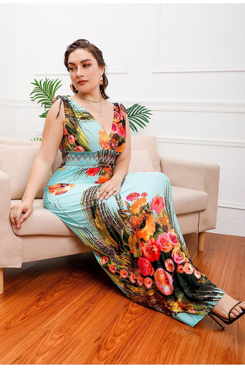 Vestido de seda de hielo con estampado de talla grande para mujer, vestido largo bohemio con escote en V y tallas grandes_voghion.com
