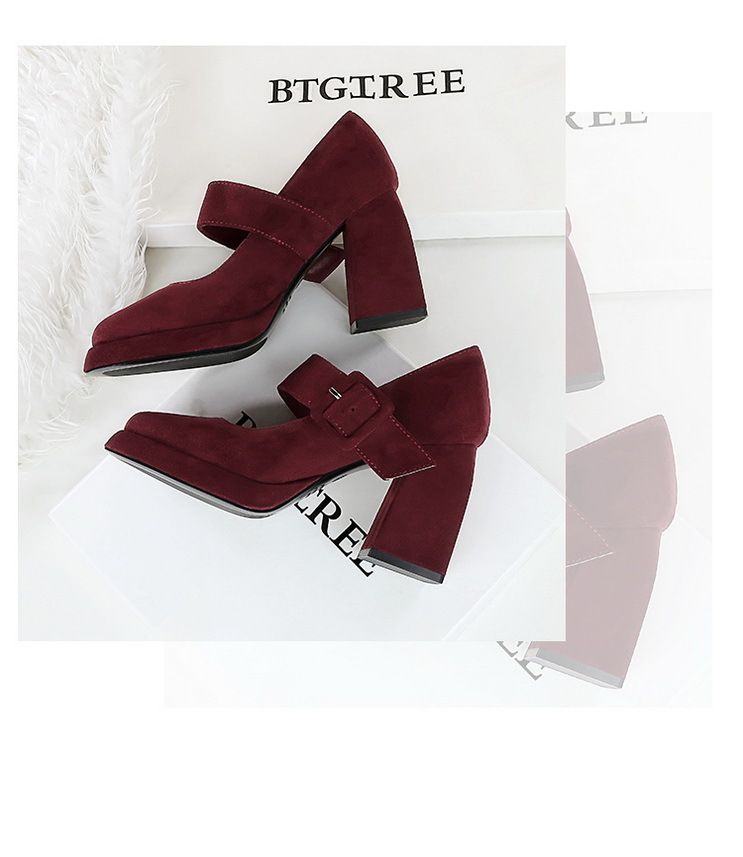 9613-6 style high thick heels, waterproof platform, suede, straight line with belt buckle, shallow mouth Mary Jane_voghion.com