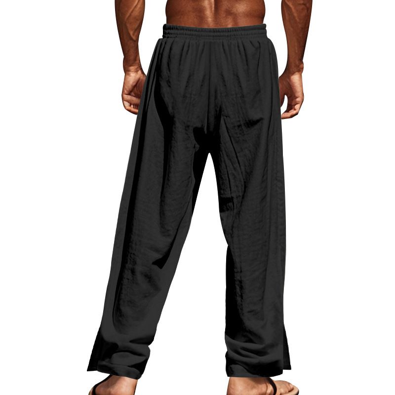Men's Cotton Linen Autumn Drawstring Elastic Waist Side Buckle Solid Color Breathable Comfortable Casual Pants_voghion.com