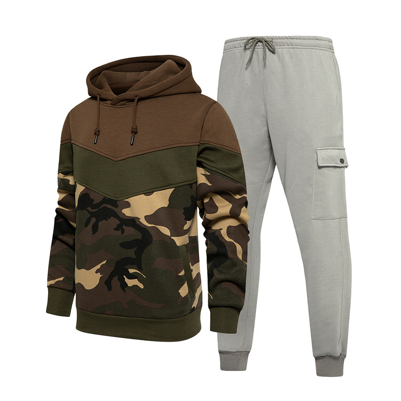 Conjunto deportivo informal de dos piezas con capucha y contraste de color para hombre_voghion.com