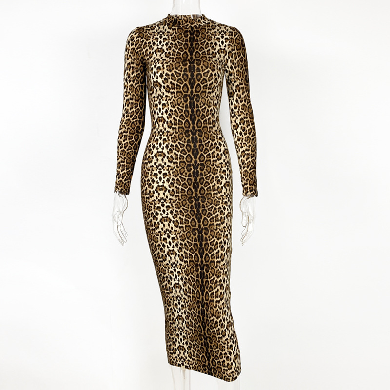 Abito slim sexy a maniche lunghe con stampa leopardata alla moda da donna_voghion.com