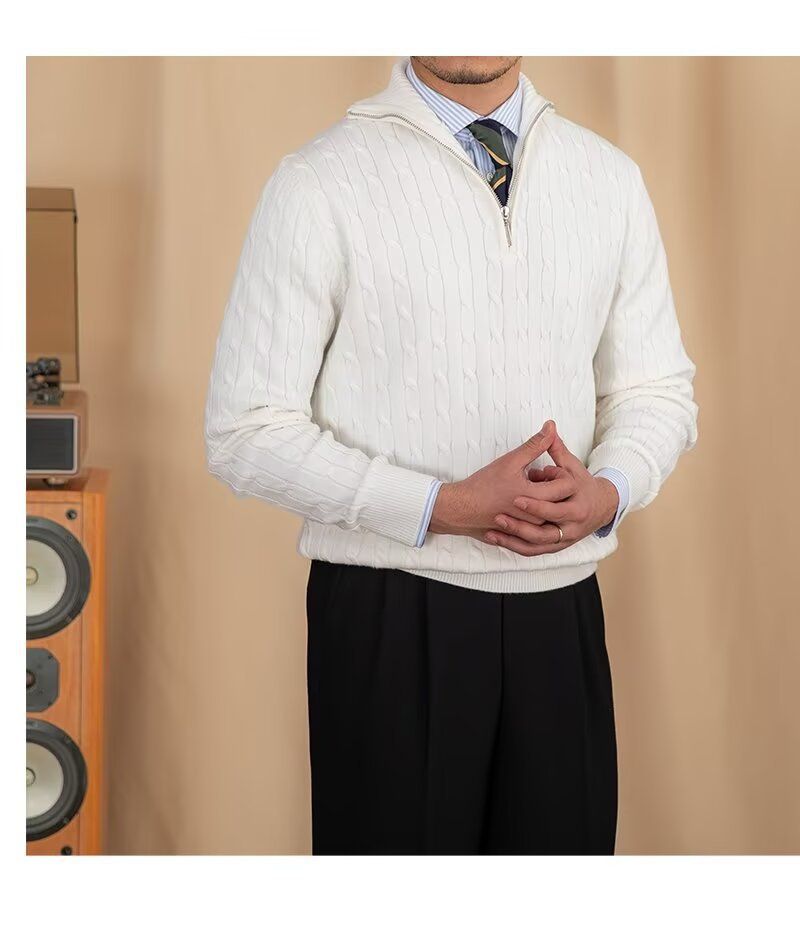 Men's Clothing Cozy Retro Zip-Up Knit Sweater For Men & Women, Soft Pullover With Embroidered Badge, Loose Fit Casual Wear, Black/White, Sizes M-3XL_voghion.com