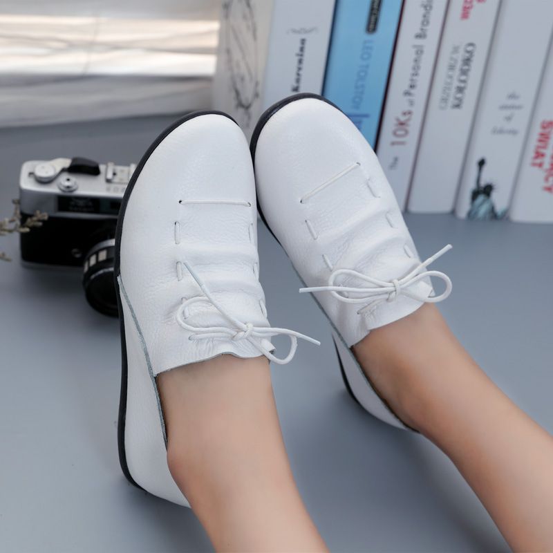 2025 Echtes Leder Atmungsaktiv Vielseitig Schnüren Casual frauen Flache Loafers Moccas_voghion.com