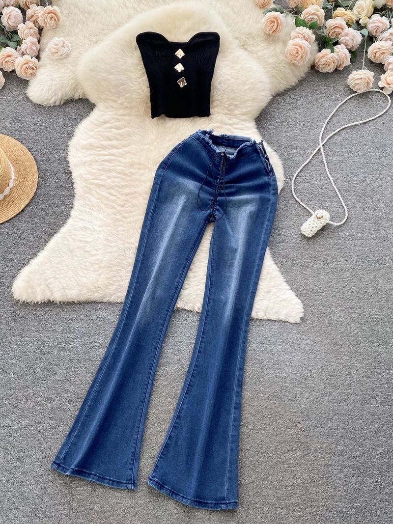 women'spopular Beautiful Suits Sexy Tube Top Versatile Denim Flared Pants Fashionable Two-piece Suits For Women_voghion.com