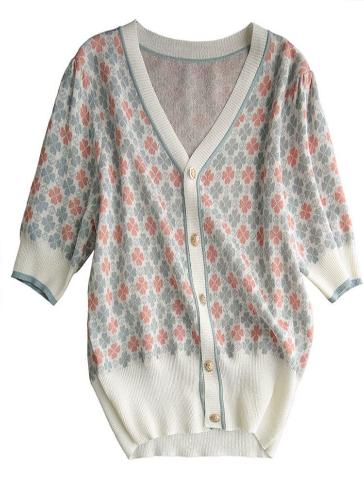 Cardigan tricoté mi-long à col en V pour femme, nouveau style printemps 2024, haut ample à manches cinq-quarts avec taille cintrée en jacquard occidental_voghion.com