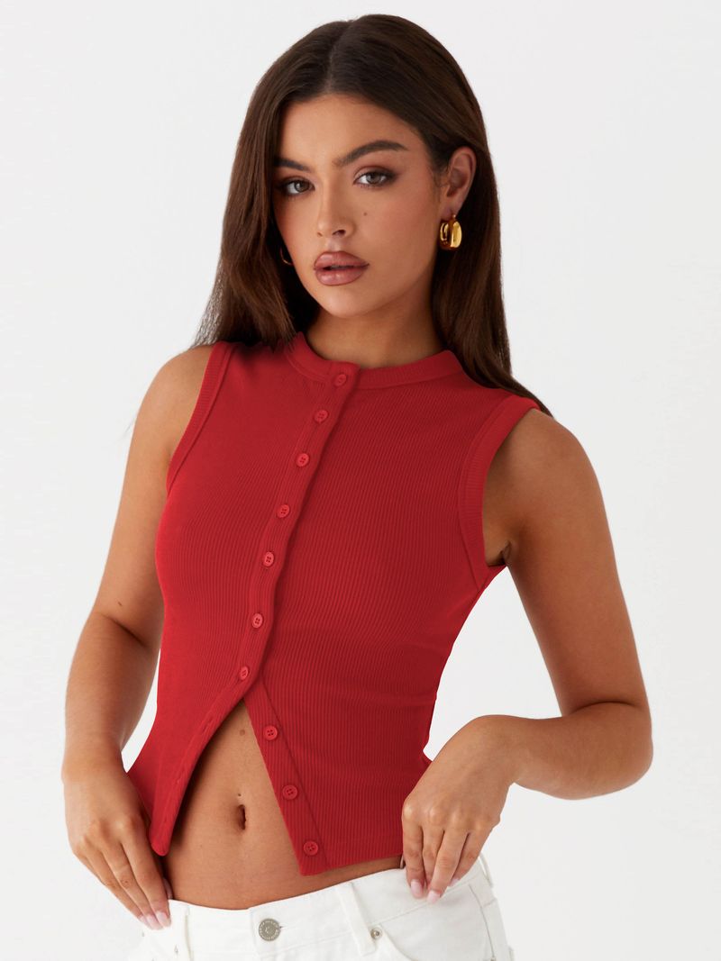Damenbekleidung Sommer Y2K Slim Hot Girl Ärmellose Weste mit Rundhalsausschnitt und gerippten Knöpfen_voghion.com