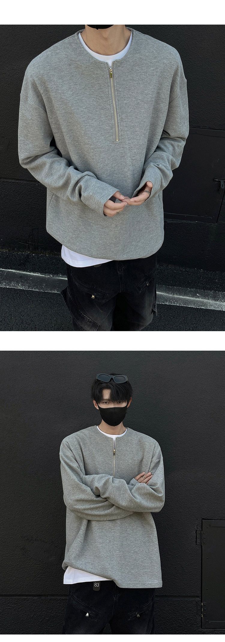 Unisex Autumn Couple Hoodie Long Sleeve Waffle Knit Pullover Loose Fit Casual T-Shirt (Black, Light Grey, Beige)_voghion.com