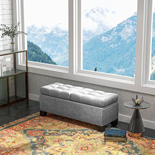 46" Storage Ottoman Bench, Upholstered End Of Bed Bench With Steel Frame, Button Tufted Storage Bench With Safety Hinges For Living Room, Entryway, Bedroom, Gray_voghion.com