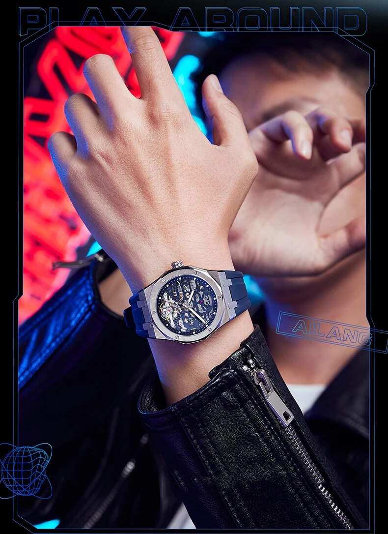 AILANG Topmerk Automatische Mechanische Horloges Heren Tourbillon Horloge Waterdicht Zwarte Stalen Kast Rubberen Band Reloj Hombre_voghion.com