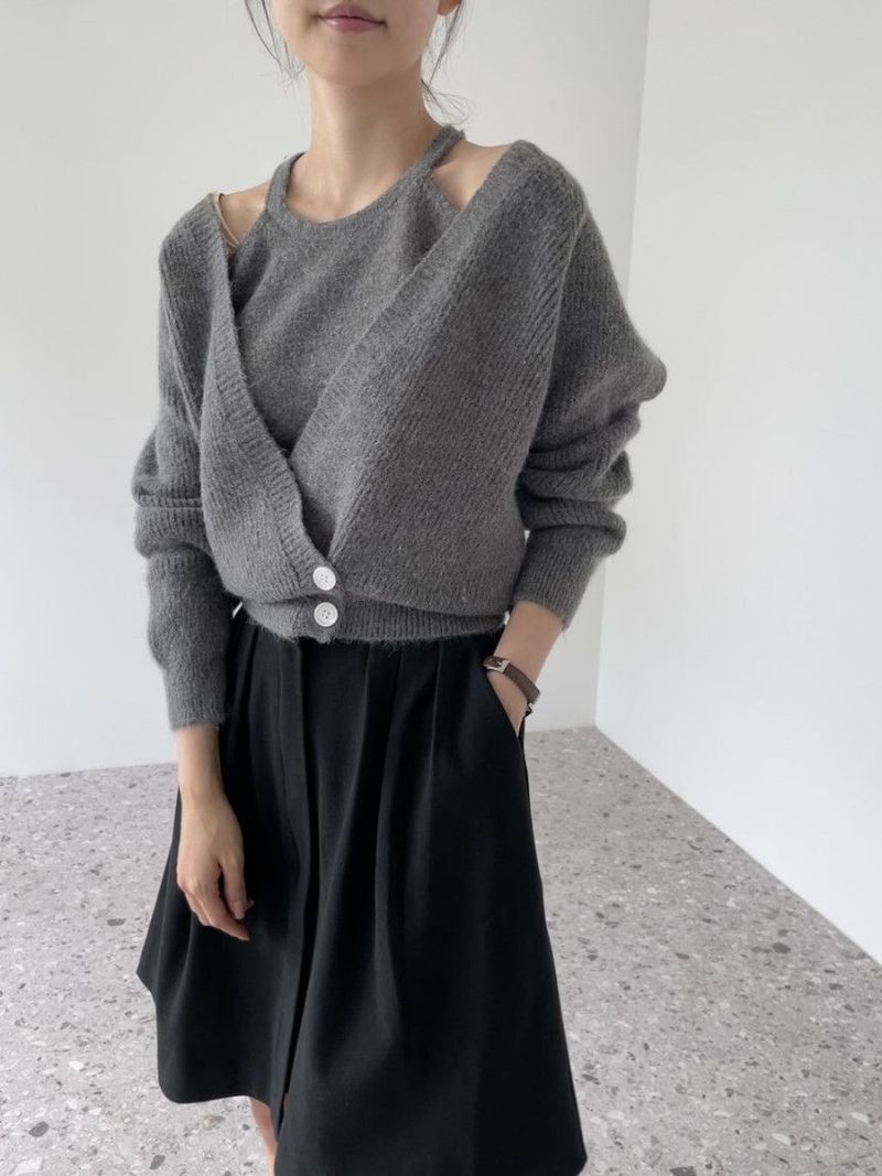 Lazy Knit Cardigan Set Damen Zweiteiliger V-Ausschnitt Langarm Pullover mit offener Vorderseite und Trägerweste_voghion.com