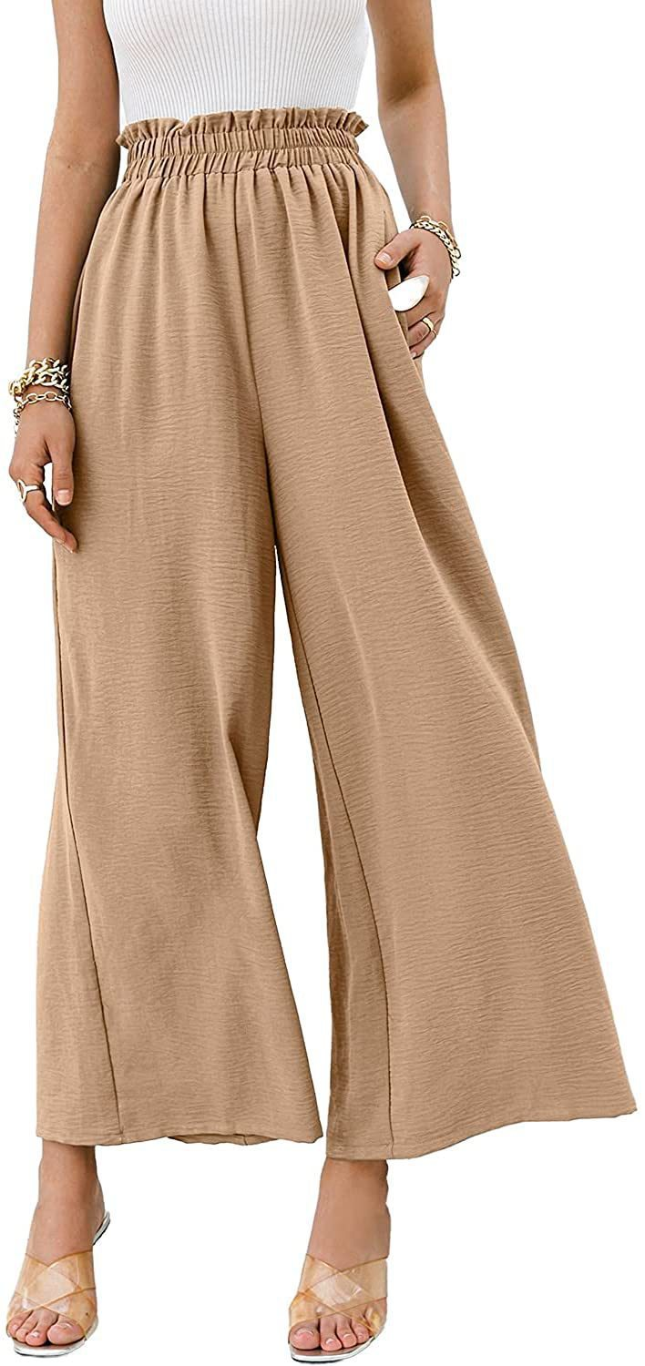 Pantaloni larghi casual a vita alta da donna in cotone e lino tinta unita a vita alta_voghion.com