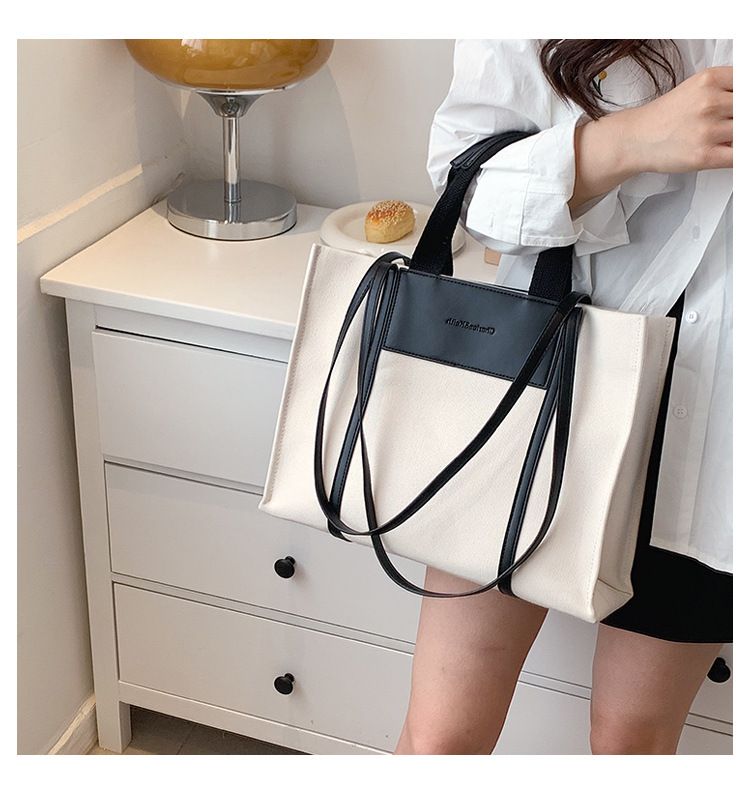 Borse tote da donna, semplici borse tote da donna con colori di tela a contrasto e tracolla singola di grande capacità._voghion.com