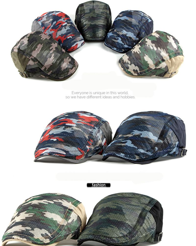 Großer Sale HT2481 Baskenmütze Sommer Sonne Hüte für Frauen Atmungsaktive Männer Trucker Mesh Einstellbar Camouflage Flache Kappe Berets_voghion.com