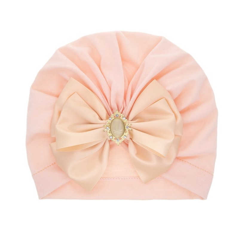 Gorro indio infantil con lazo y diamantes de imitación brillantes, gorros de algodón suave y agradable para la piel para niña, turbante, lazos hechos a mano a la moda_voghion.com