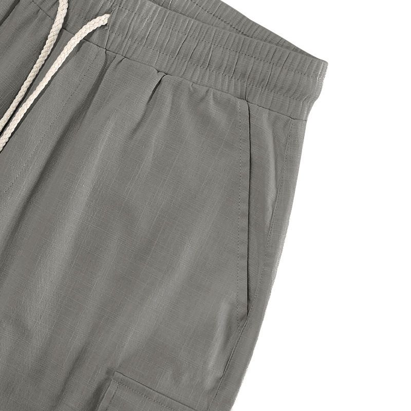 Pantaloncini da uomo in lino, pantaloncini cargo tinta unita con elastico in vita, tasche per viaggi e tempo libero, pantaloncini da spiaggia a gamba larga per l'estate_voghion.com