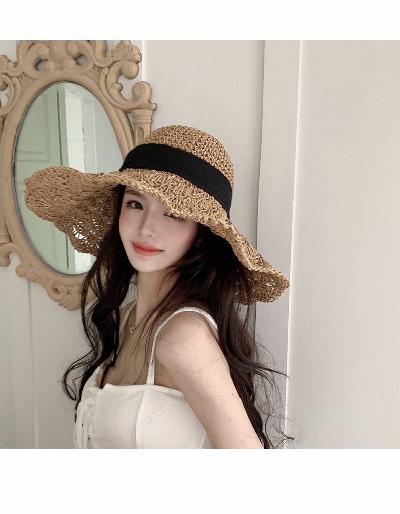 Pdmcms Neuer japanischer Strohhut für Damen, Sommerhut mit Schnürung, große Krempe, Strandhut, faltbar, cooler Urlaubshut, Sonnenschutz und Sonnenschirmhut_voghion.com