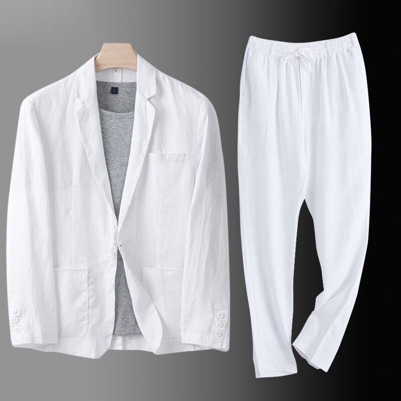 Completo casual da uomo in lino, ampio e sottile, in cotone e lino, due pezzi_voghion.com
