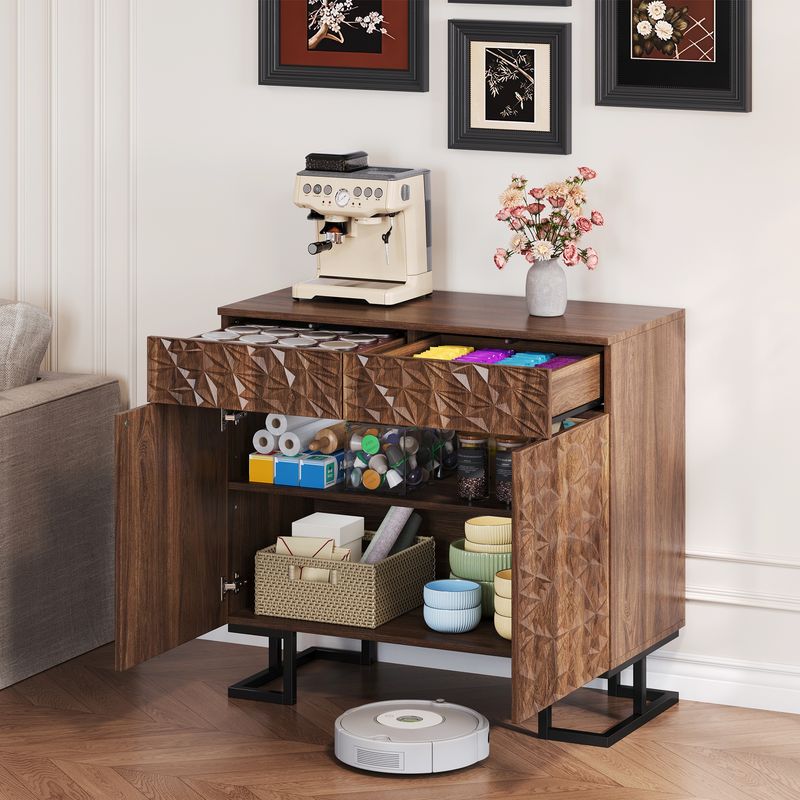 Credenza Kommode 80x78cm Walnussoptik Mit Blattrelief, 2 Schubladen & 2 Türen, Metallbeine_voghion.com