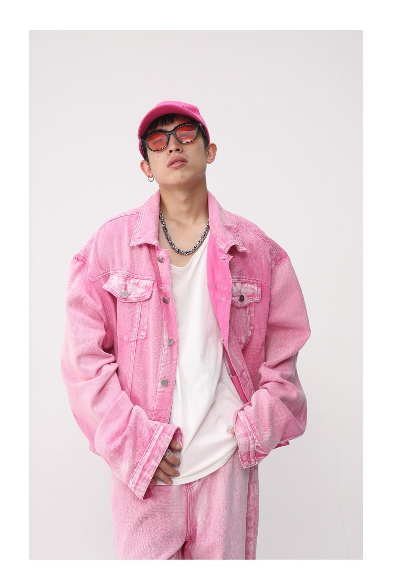 Ropa para hombres | Nuevo estilo Chaqueta vaquera rosa Pantalones vaqueros de pierna recta Traje informal_voghion.com